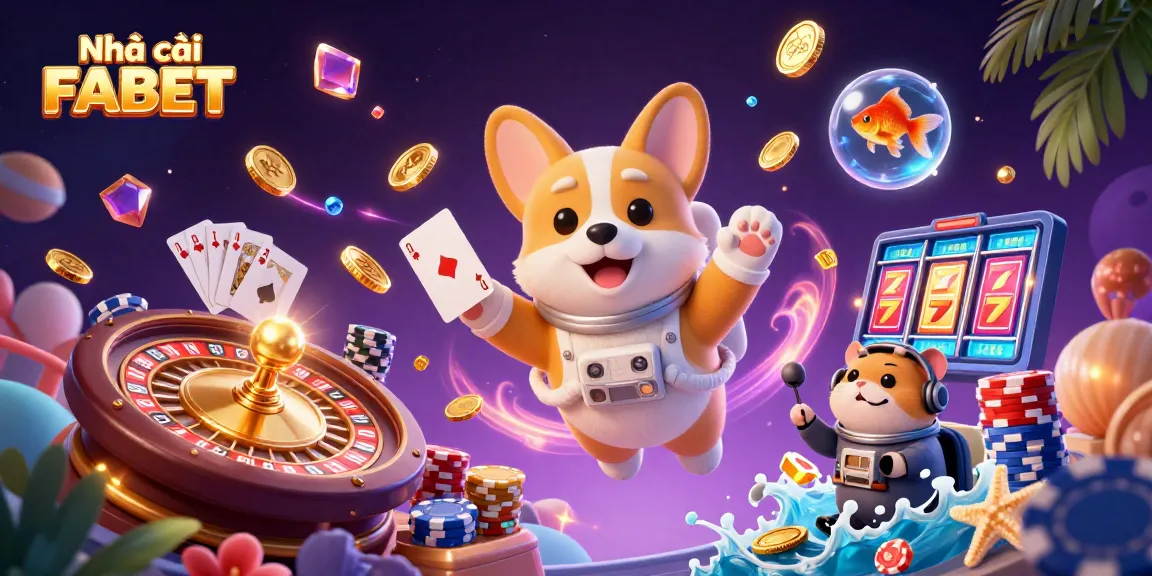 Engage with unparalleled fun at Nhà cái FABET, featuring astronaut corgi and vibrant casino elements.