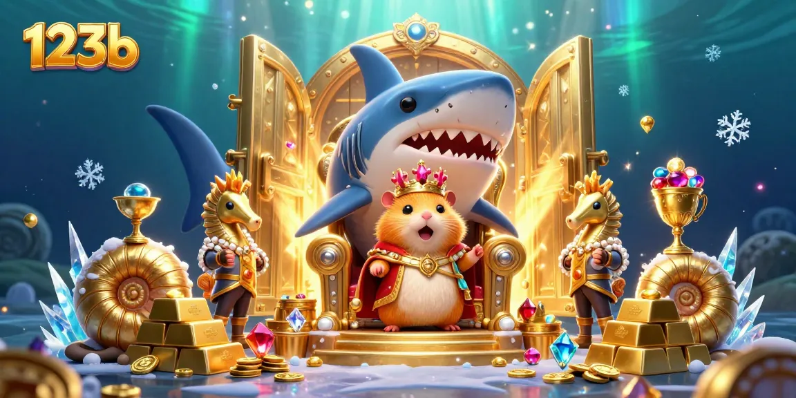 123b showcases a dynamic underwater casino scene featuring a golden hamster king and treasure elements.