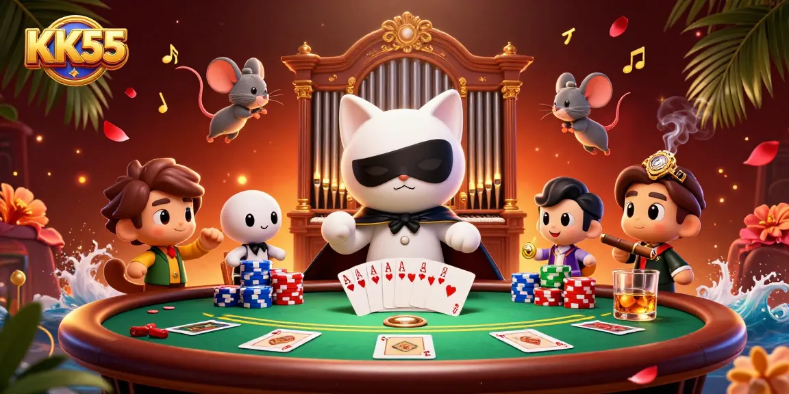 Experience thrilling moments with KK55 at the poker table, surrounded by vibrant casino elements.