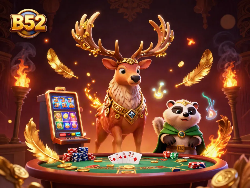 B52 slot game scene with druid stag and badger characters amidst vibrant casino action.
