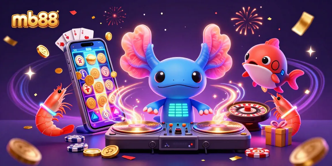 Engaging in thrilling gameplay with mb88 slot game on a 3D smartphone, surrounded by lively casino characters.