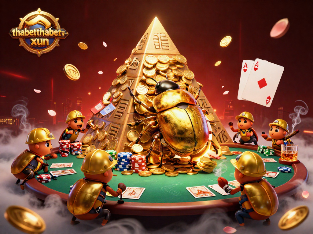 thabetthabet-xun showcases a golden dung beetle leading a casino adventure with poker elements.