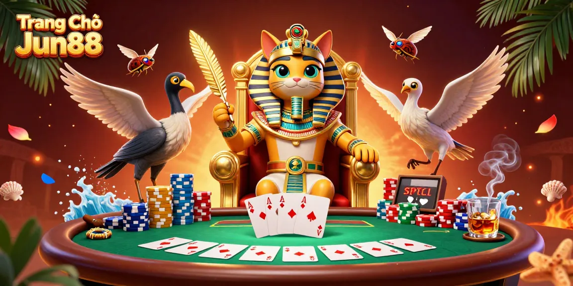 Engage with the dynamic world of Trang Chủ Jun88, featuring a playful pharaoh cat and poker elements in a vibrant casino setting.