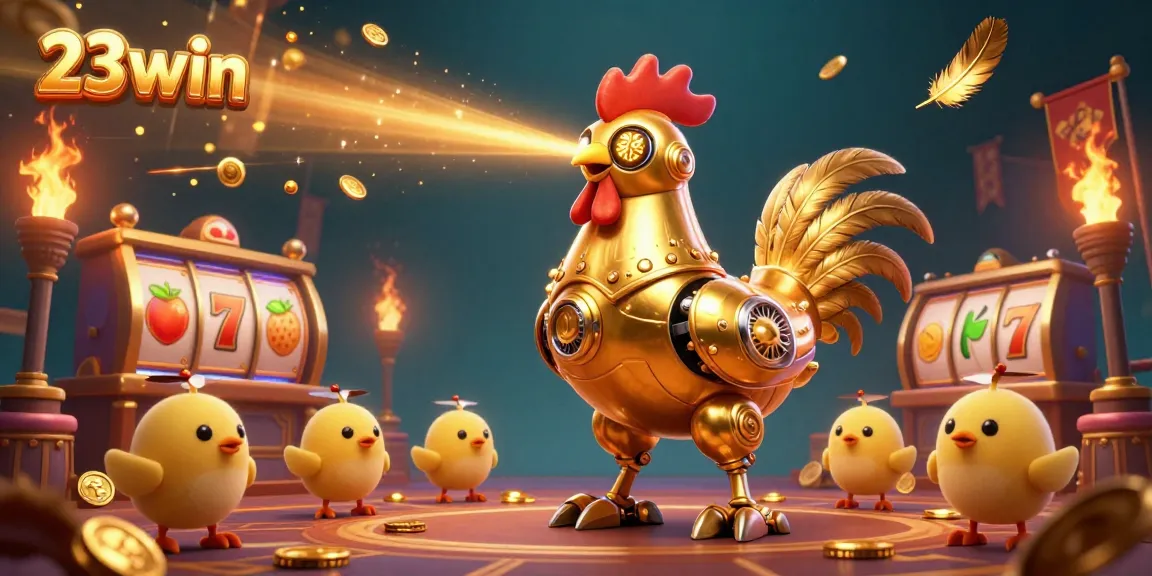 Engage with 23win's vibrant casino scene featuring a golden rooster robot and cheerful baby chick drones amidst spinning slot reels and golden coins.