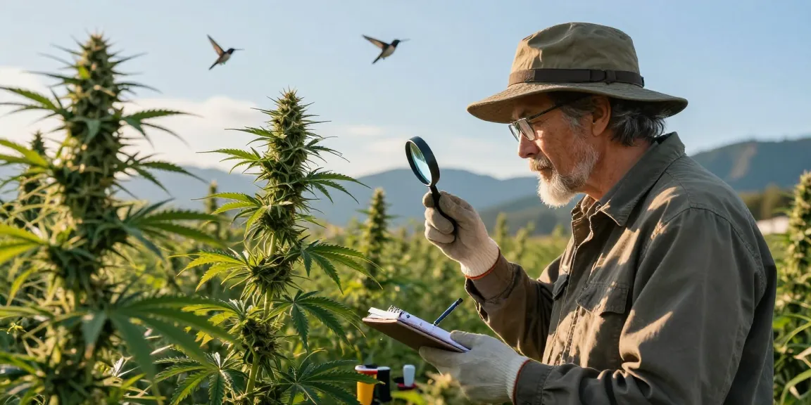 Professioneller Botaniker beim Cannabis kaufen und analysieren von Pflanzen in der Natur.