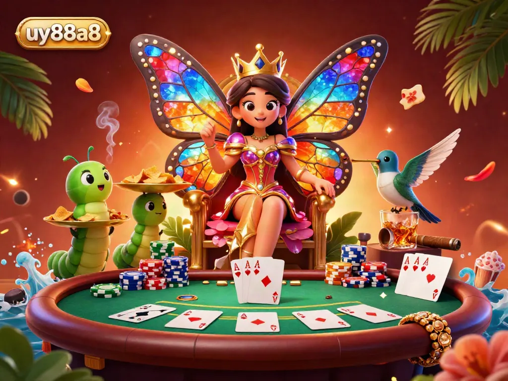 Engage with uy88a8's thrilling casino world through a vibrant 3D illustration of a butterfly queen and poker elements.