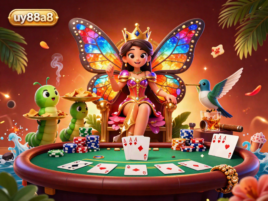 Engage with uy88a8's thrilling casino world through a vibrant 3D illustration of a butterfly queen and poker elements.