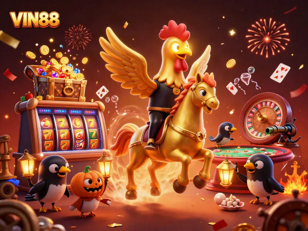 Experience VIN88’s vibrant gaming scene with a golden rooster and its companions in a dynamic casino setting.