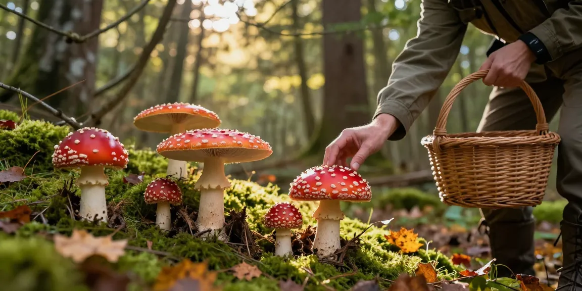Amanita muscaria kaufen in einem üppigen Wald mit lebhaften Pilzen, einem engagierten Sammler und einer bezaubernden natürlichen Atmosphäre.