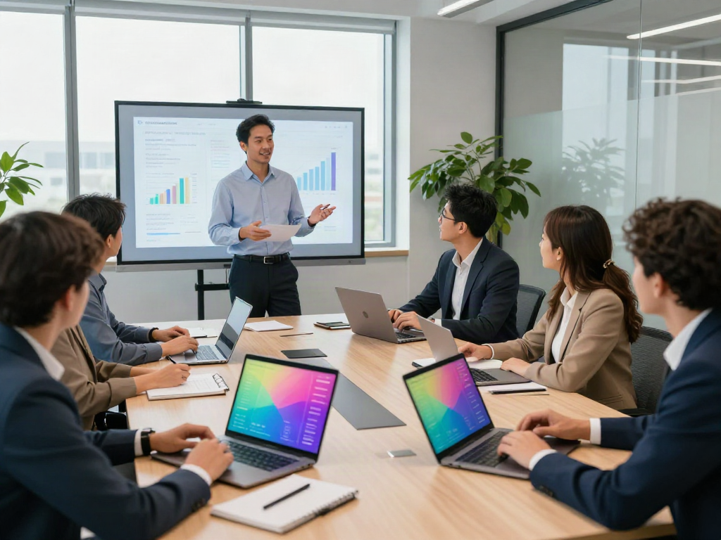 Equipe diversificada colaborando em escritório moderno sobre soluções financeiras BPI empresas.