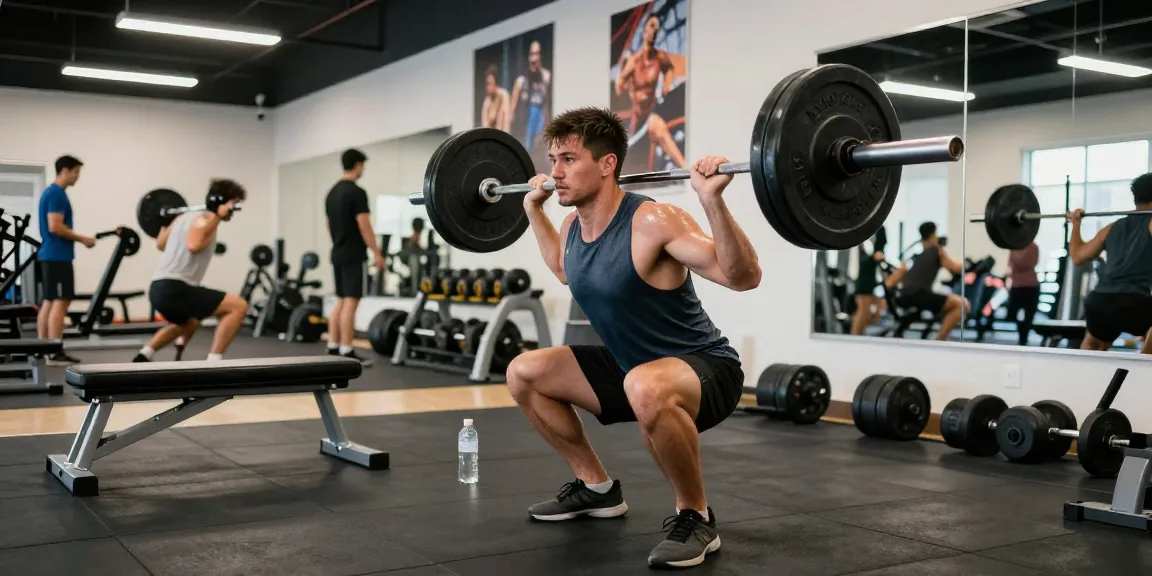 Sportlicher Mann, der Kniebeugen mit einer Langhantel in einem erstklassigen Fitnessstudio ausführt und die Auswirkungen von Prime Pharma Steroiden auf Fitness und Muskelwachstum zeigt.