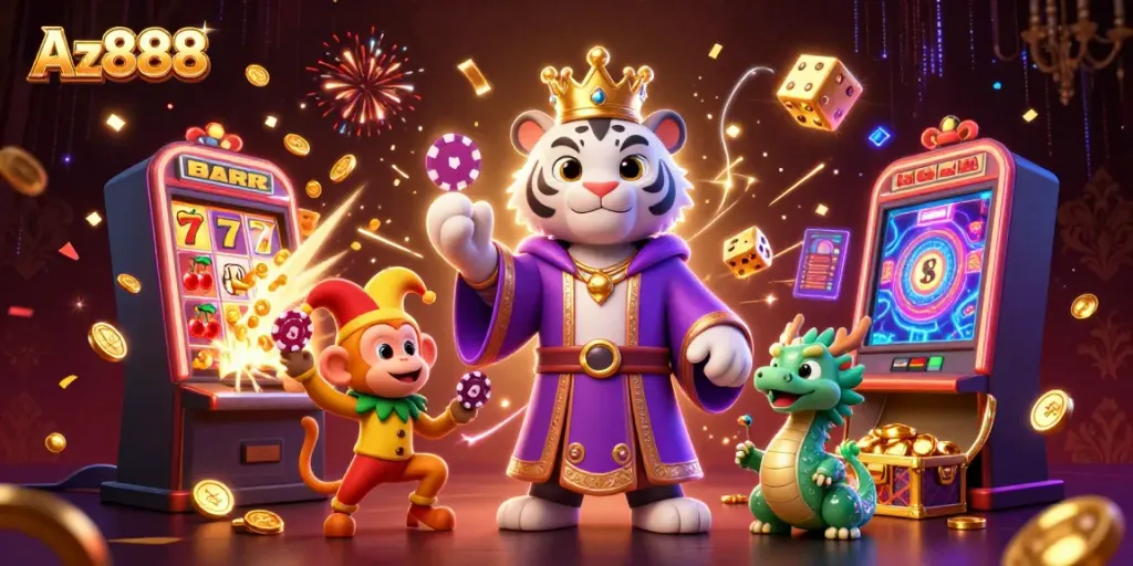 Experience thrilling wins at Az888 with iconic casino symbols and vibrant characters in action.