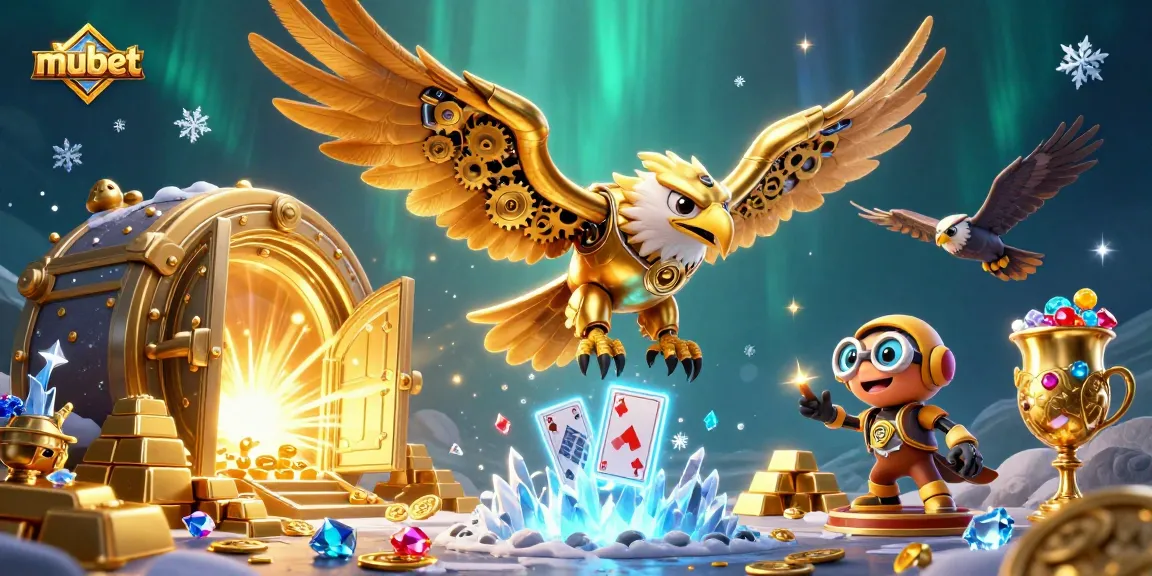 Experience thrilling gambling action at mubet with a cybernetic eagle diving through holographic cards.