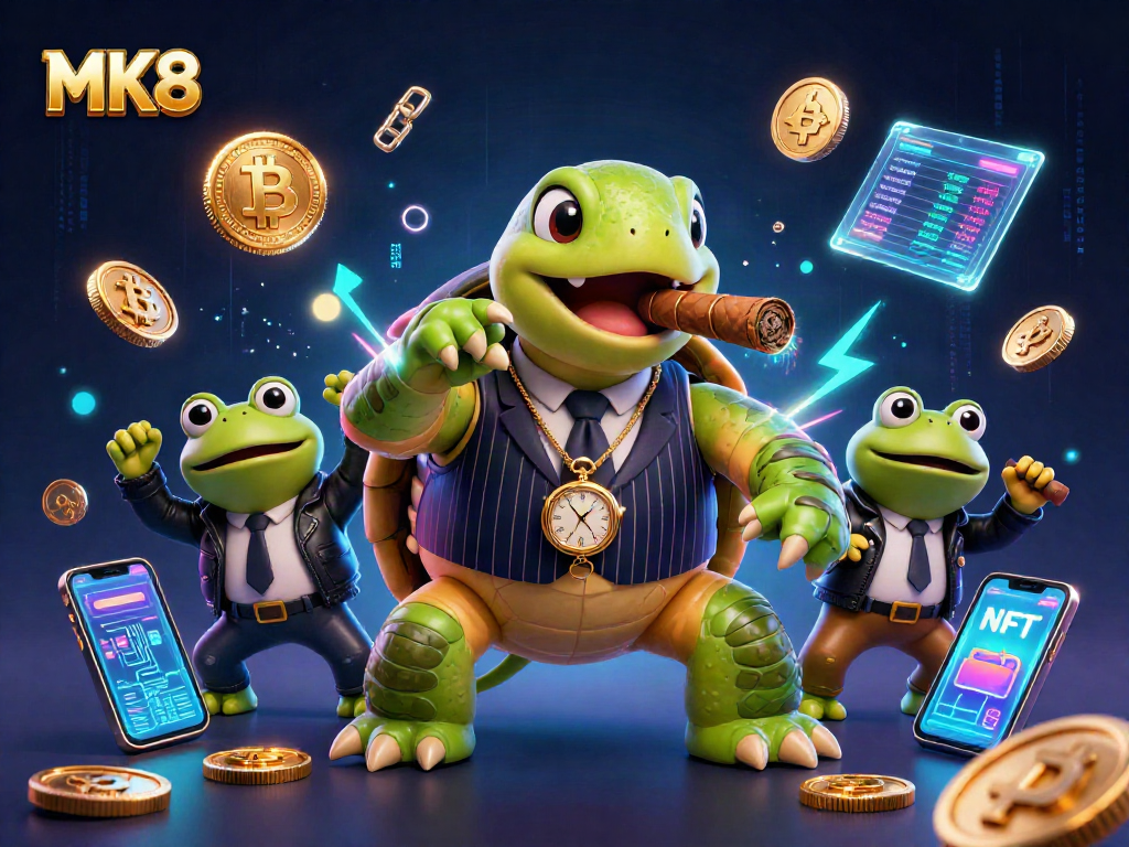 Experience the thrilling MK8 casino scene with a turtle in mobster attire and bullfrogs, enhanced by crypto elements.