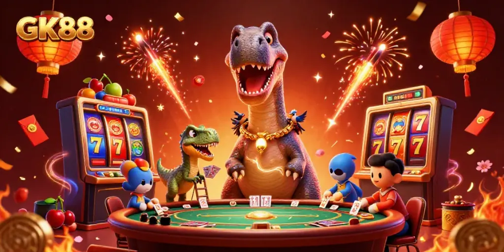 GK88 offers thrilling slot games with a dynamic 3D scene featuring vibrant characters and casino elements.