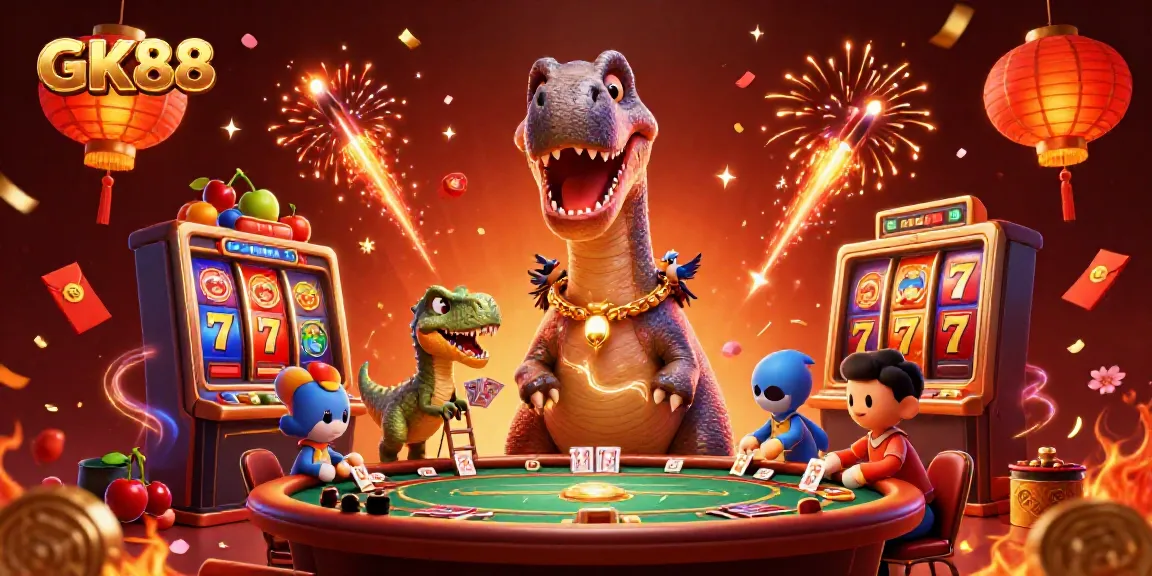 GK88 offers thrilling slot games with a dynamic 3D scene featuring vibrant characters and casino elements.