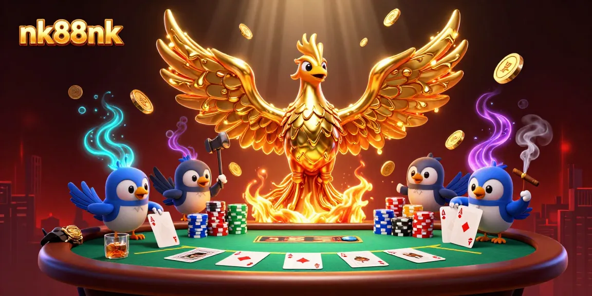 Experience exhilarating gaming at nk88nk with a vibrant phoenix and poker theme.