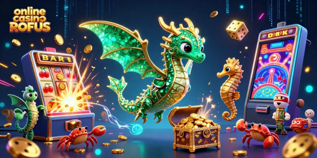 Play exciting slots and casino games at online casino uden ROFUS with vibrant characters and dynamic elements.
