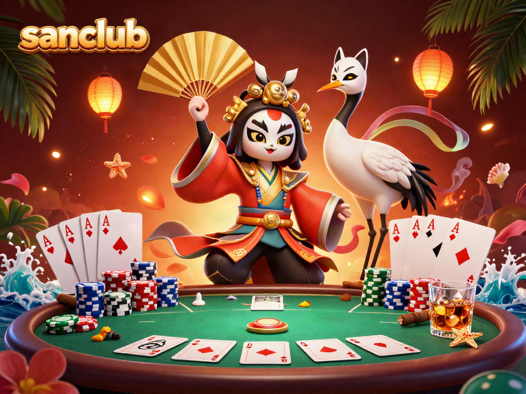 Engage with the vibrant sanclub scene featuring kabuki warrior, poker table, and lantern spirits in a casino setting.
