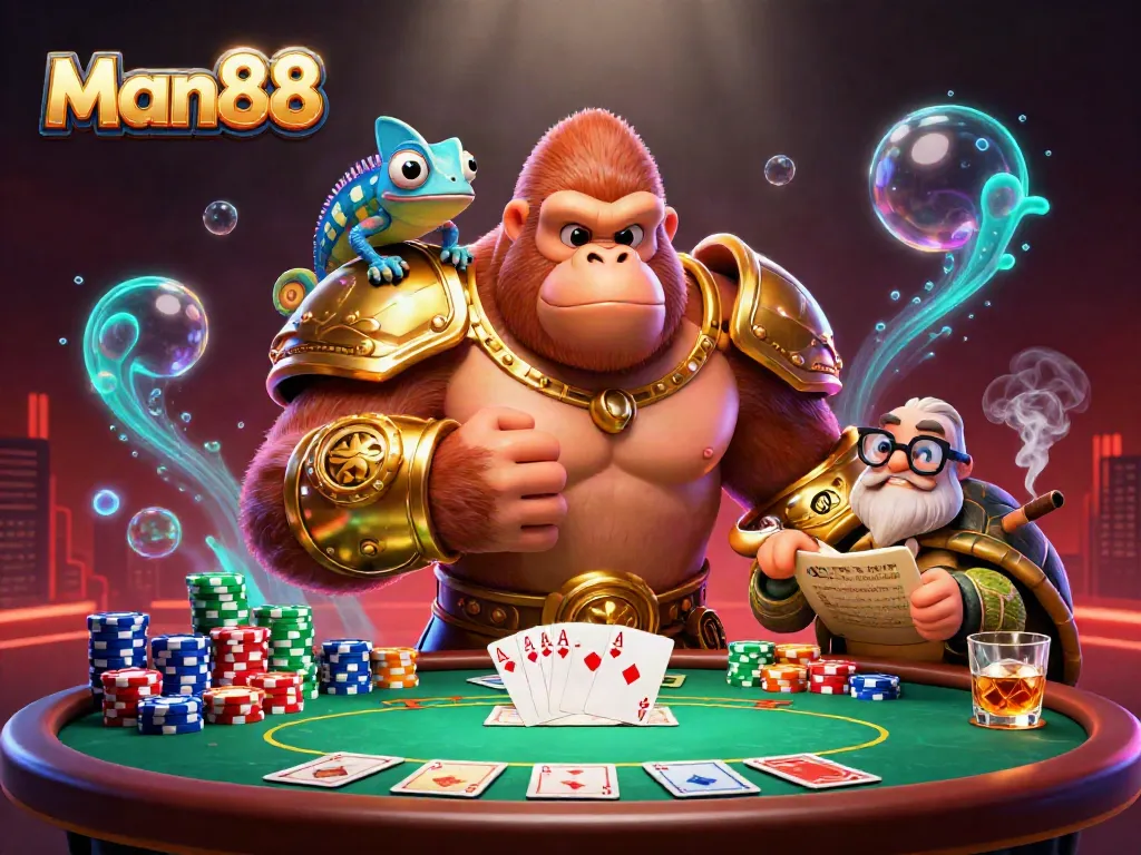 Man88 showcases powerful casino characters celebrating a winning poker moment amidst dynamic gambling elements.