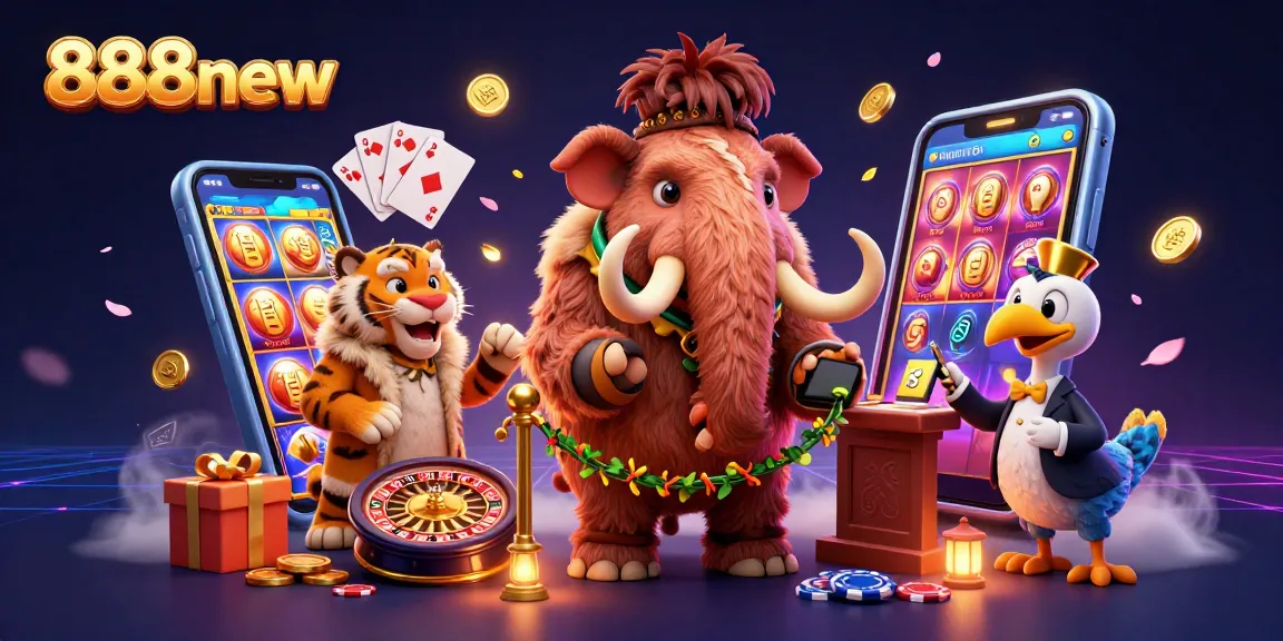 Experience the excitement at 888new with a colorful casino scene featuring unique characters and engaging game elements.