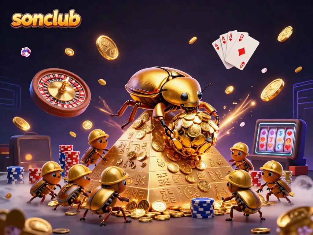 Experience excitement at sonclub with a golden beetle rolling coins amidst dazzling casino elements.