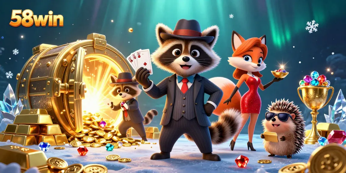 Experience thrilling gameplay at 58win as the suave raccoon celebrates a royal flush surrounded by treasure.