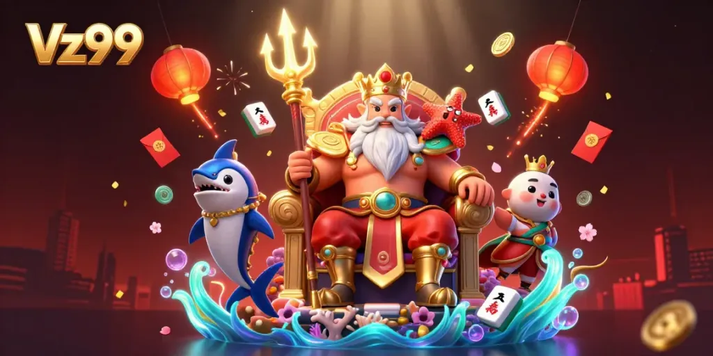 Engage in thrilling gameplay at Vz99 with vibrant characters and festive casino elements.