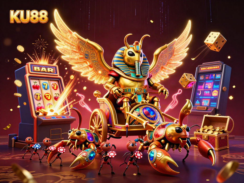 Experience the excitement of KU88 with a golden scarab beetle and scorpions amidst jackpot coins and vibrant casino elements.