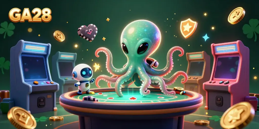 GA28 gaming experience with an alien octopus dealer at a holographic poker table, vibrant casino ambiance.