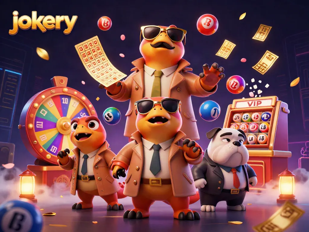 Experience jokery excitement in a vibrant casino scene with animated lottery balls and festive elements.