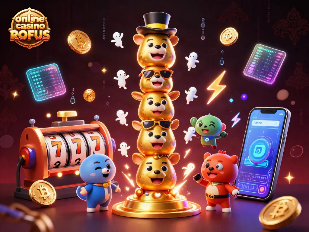 Play engaging games at online casino uden ROFUS with vibrant slot reels and colorful cryptocurrency elements.