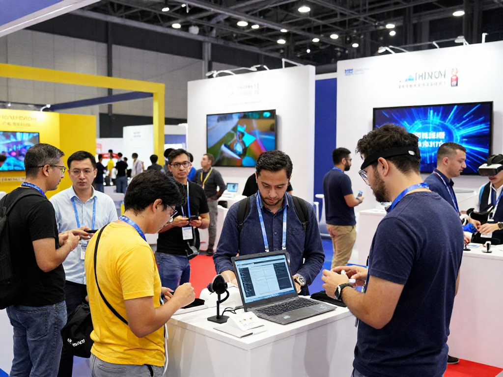 Professionals engaging with DEWI111 technology at a vibrant tech conference