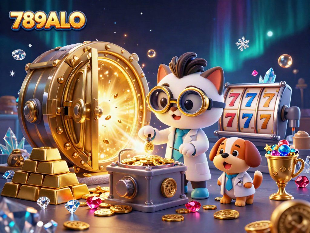 Experience the excitement of 789ALO with vibrant slot reels and treasure in a dynamic illustration.
