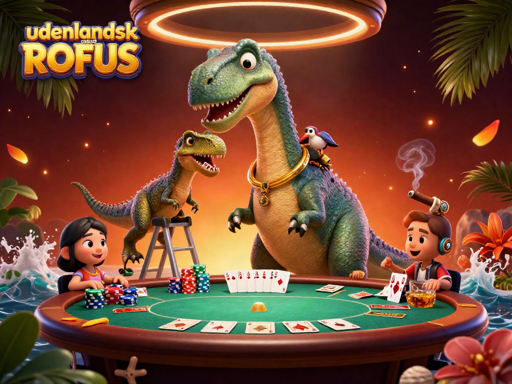 Engage with udenlandsk casino uden ROFUS, featuring a brontosaurus at a lively poker table.