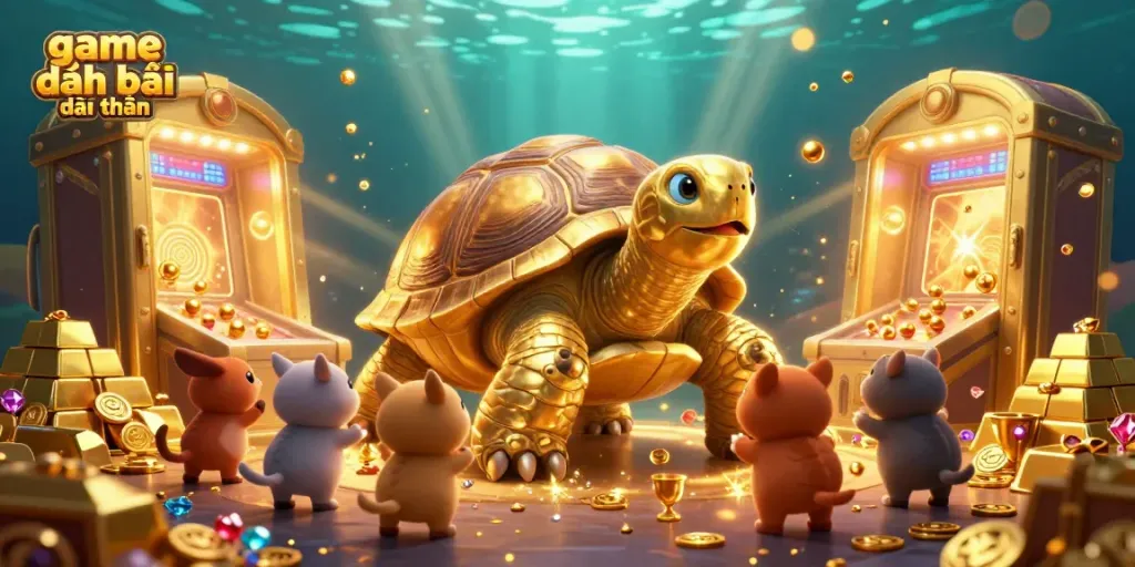 Play the exciting game đánh bài đổi thưởng with a golden tortoise and vibrant treasures in a lively scene.