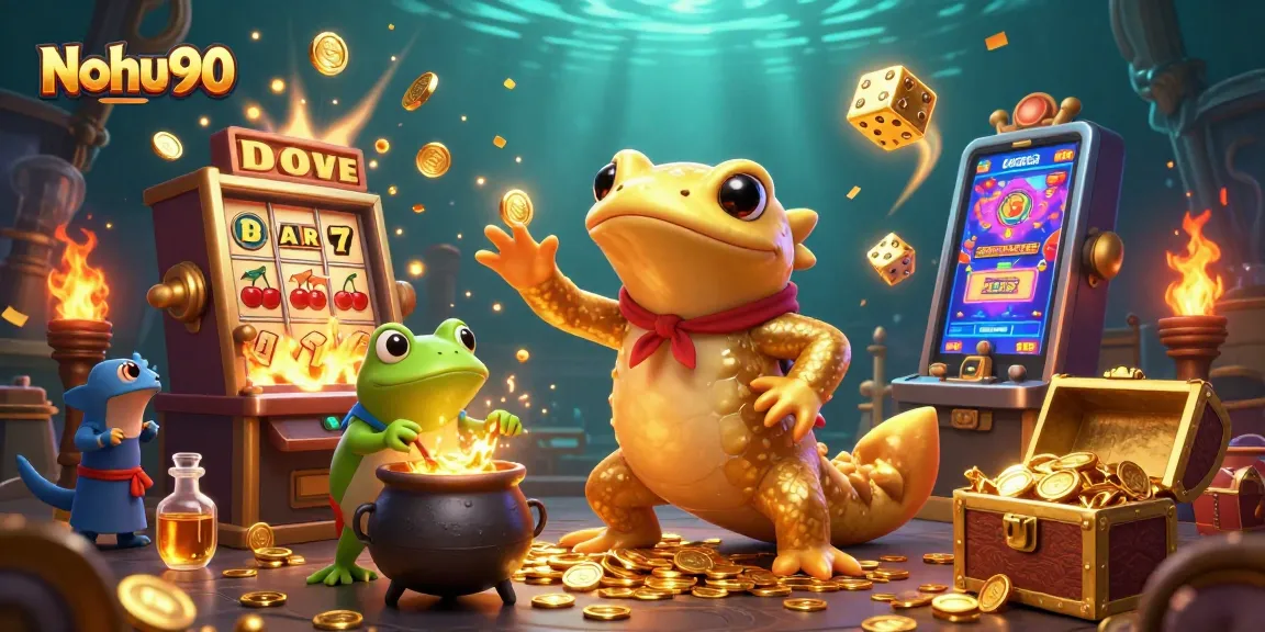 Nohu90 showcases an enchanting 3D illustration of a golden salamander alchemist amidst a jackpot explosion.