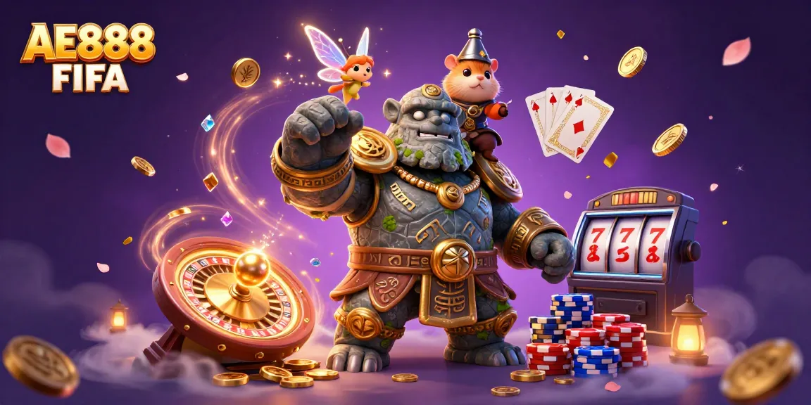 Engage with AE888 FIFA's vibrant casino adventure featuring a stone golem, fairy, and hamster knight.