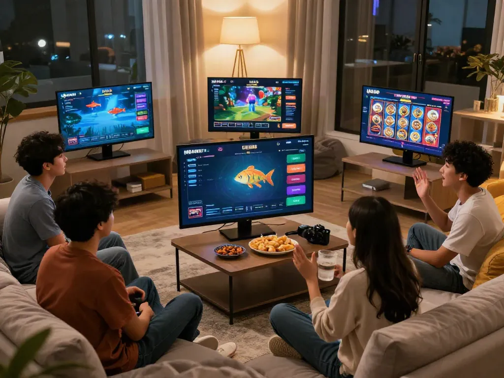Engaged friends enjoying the Link Uk88 gaming experience in a cozy living room.