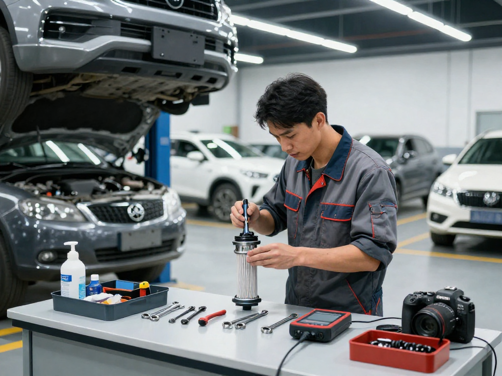 Mechaniker beim DPF reinigen in modernem Werkstatt, professionelle Automobilpflege.