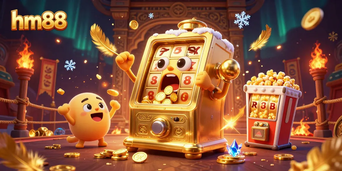 Experience exciting wins at hm88 with a golden slot machine celebrating a jackpot victory amid a vibrant casino scene.