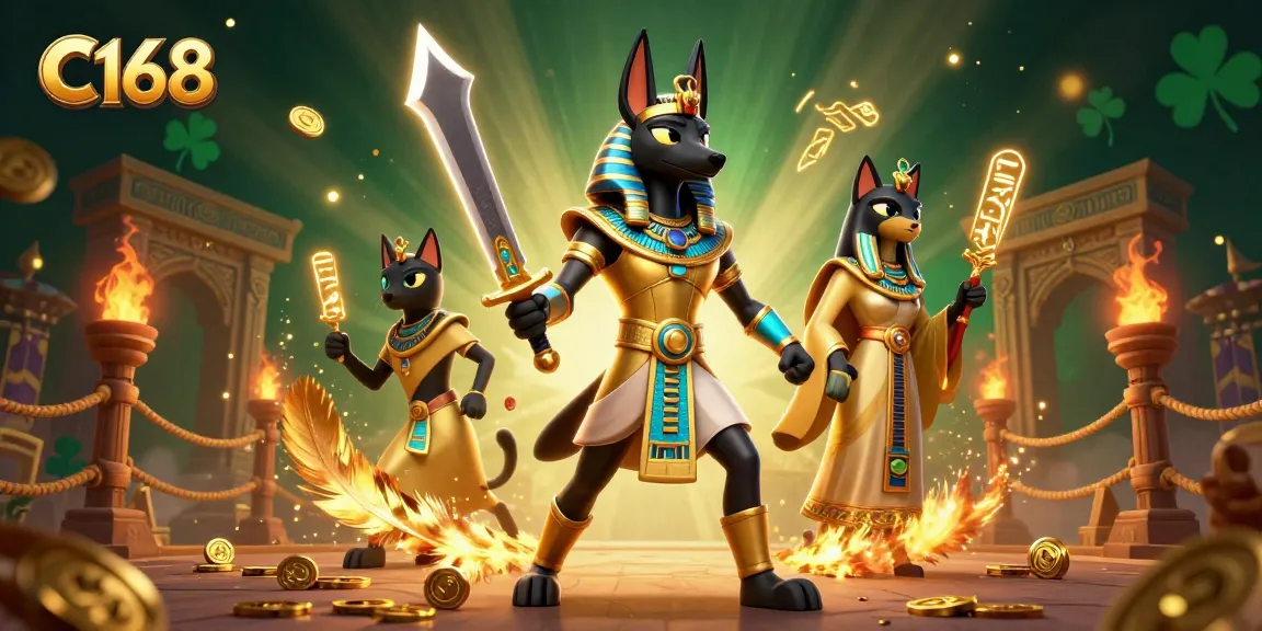 Engage in thrilling gaming at C168 with Anubis and Bastet amid sparkling gold and vibrant casino elements.