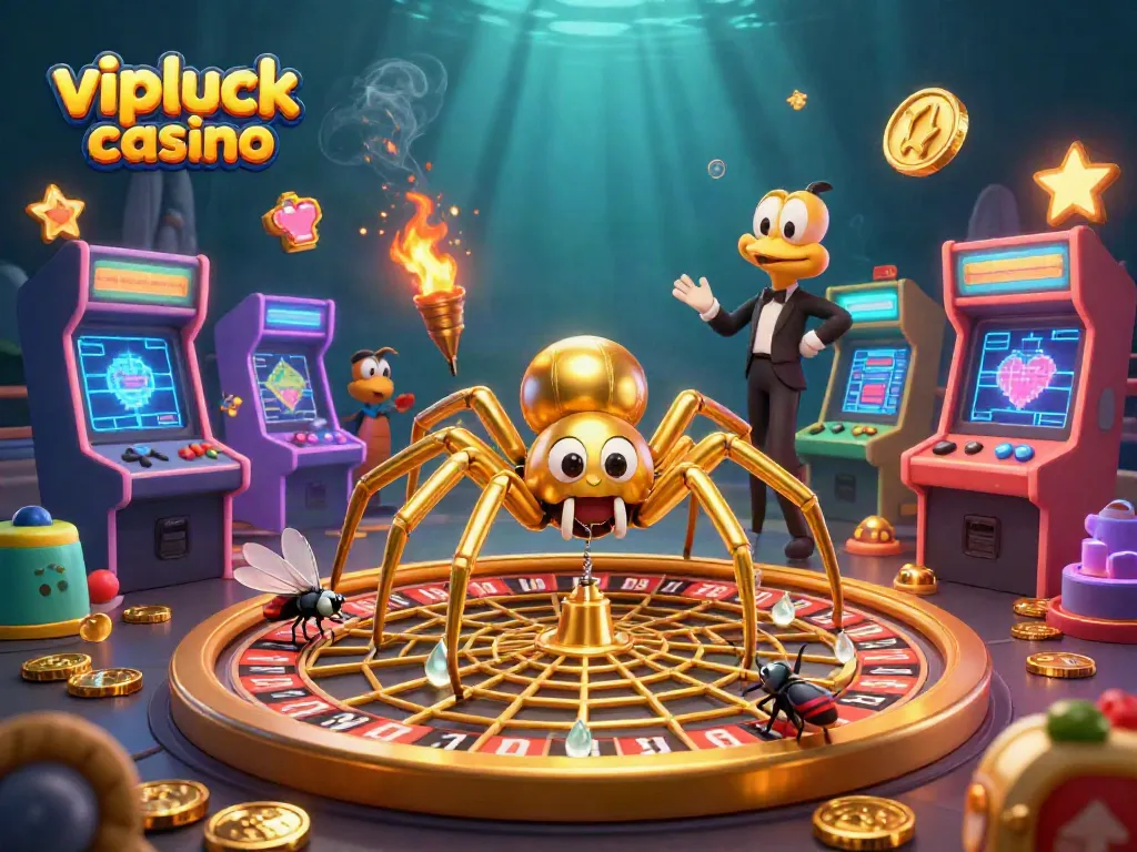 Experience the excitement of vipluck casino with a dynamic illustration of gaming elements and characters.