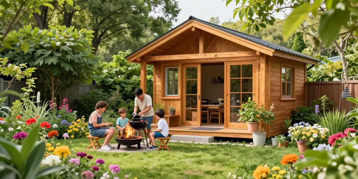 Ein modernes Gartenhaus umgeben von blühenden Pflanzen, eine Familie entspannt im Freien.