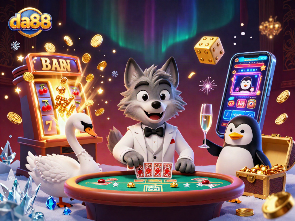 Experience thrilling casino gameplay at da88 with vibrant characters and exciting slot machine elements.