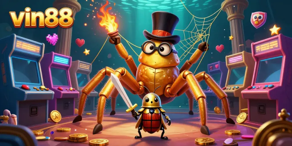 Join the excitement at vin88 casino with vibrant characters and golden elements showcasing a lively gambling scene.