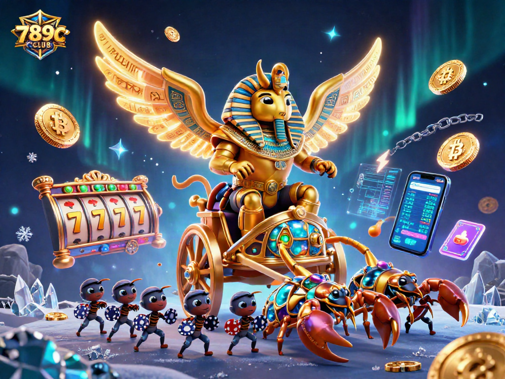 Engage in thrilling gaming action with 789CLUB's vibrant 3D casino scene featuring golden scarabs and neon slot reels.