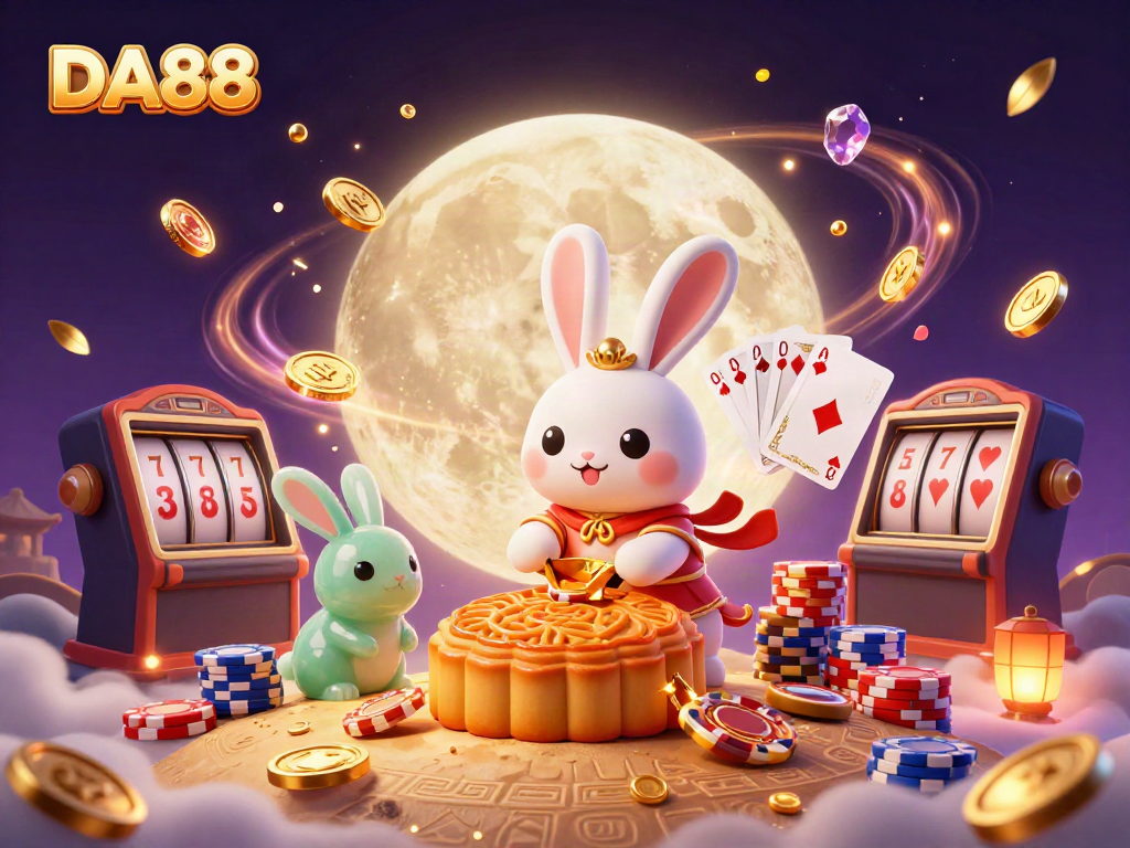 Experience the thrilling DA88 casino adventure with a moon rabbit and jade companion amidst vibrant gaming elements.