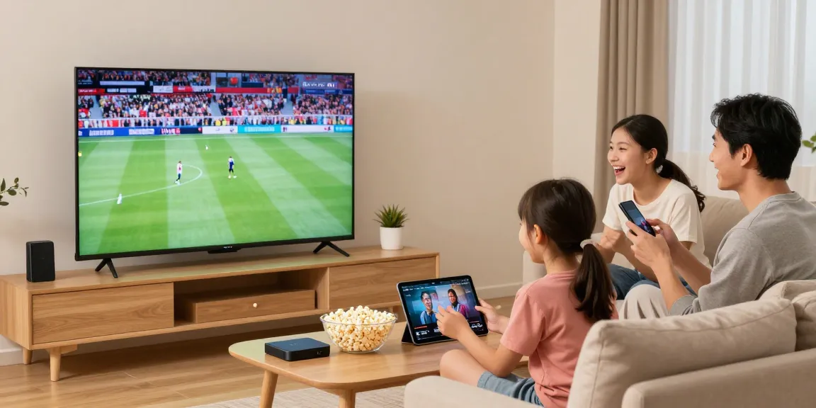 Familie genießt IPTV kaufen in modernem Wohnzimmer mit großem Smart TV.