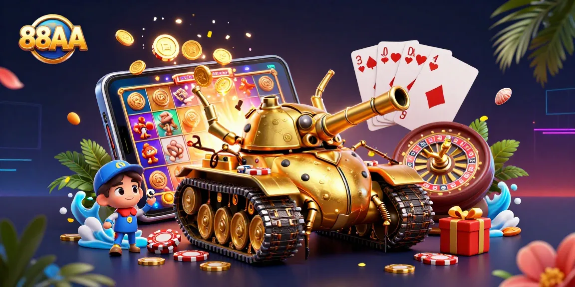 Experience thrilling gaming action with 88AA's vibrant casino scene showcasing slot games and lively patrons.